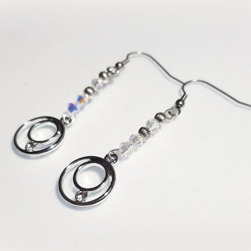 Boucle d'oreille rond avec strass, perles en verre transparent, tige, crochet en métal argenté