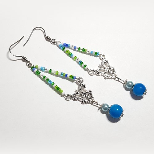 Boucle d'oreille connecteurs, perles en verre vert, bleu, blanc, coupelles, crochet en métal acier inoxydable argenté