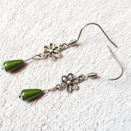 Boucle d'oreille connecteurs fleurs, perles en acrylique, crochet en métal acier inoxydable argenté