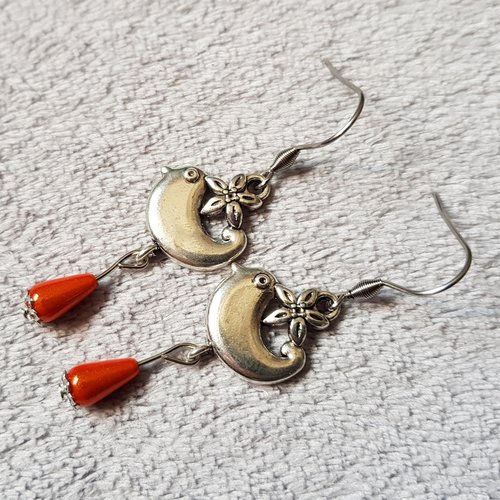 Boucle d'oreille connecteurs oiseaux, perles en acrylique rouge, crochet en métal acier inoxydable argenté