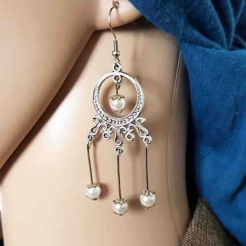 Boucle d'oreille connecteurs rond, perles en acrylique blanc, crochet en métal acier inoxydable argenté