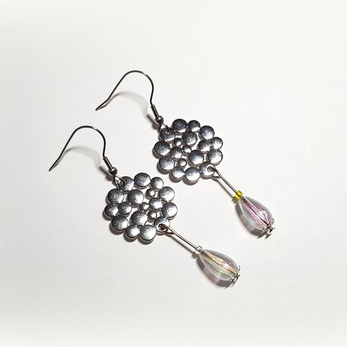 Boucle d'oreille connecteurs rond, perles en acrylique transparente avec reflets, crochet en métal acier inoxydable argenté