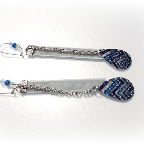 Boucle d'oreille ruban en velours gris, goutte bleu, chaîne, crochet en métal acier inoxydable argenté
