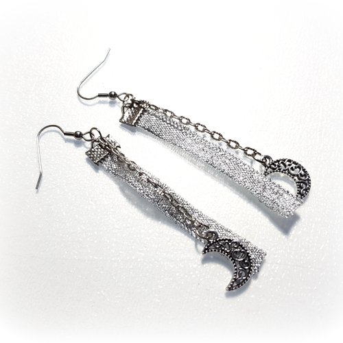 Boucle d'oreille ruban en gris brillant, lune, chaîne, crochet en métal acier inoxydable argenté