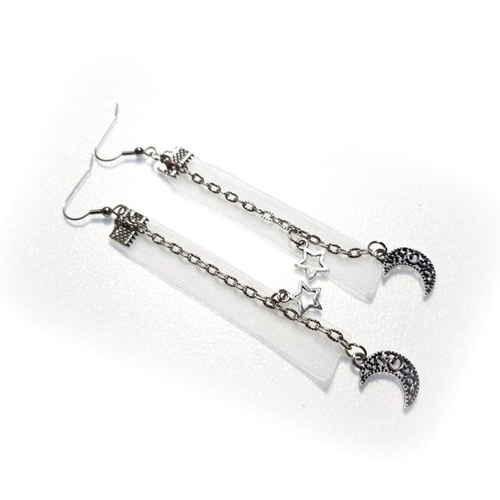 Boucle d'oreille ruban voilage blanc transparent, étoile, lune, chaîne, crochet en métal acier inoxydable argenté