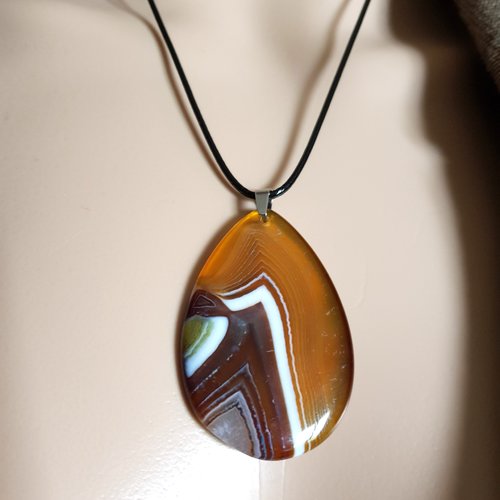 Collier pierre en verre marron, ambre, blanc, transparent, cordon cuir noir, fermoir, chaînette, métal argenté