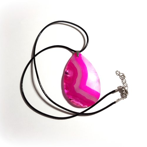 Collier pierre en verre rose, fuchsia, transparent cordon cuir noir, fermoir, chaînette, métal argenté