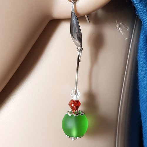 Boucle d'oreille perles en verre vert givré, orange foncé, crochet métal acier inoxydable argenté