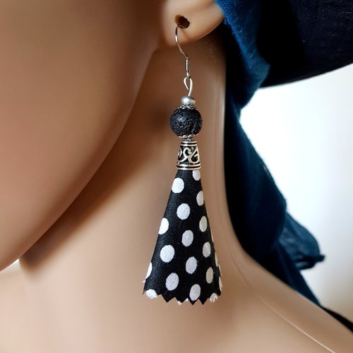 Boucle d'oreille pompon en tissue, noir, blanc, perles en pierre de lave, crochet en métal acier inoxydable argenté