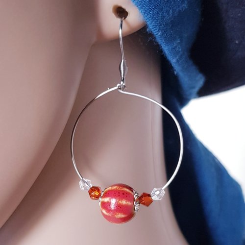 Boucle d'oreille créole, perles en céramique rouge foncé, orange foncé, crochet en métal acier inoxydable argenté