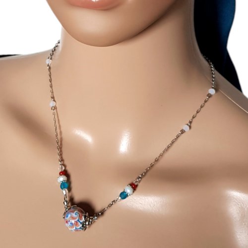 Collier perles en verre bleu, blanc, orange, fermoir, chaîne en métal acier inoxydable argenté