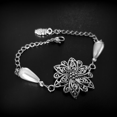 Bracelet chaîne fleur, perle en acrylique blanc, hibou, chaîne d’extension, métal acier inoxydable argenté