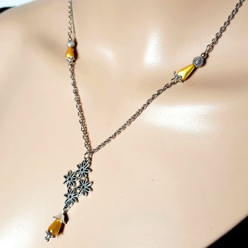 Collier pendentif losange fleurs, perles en acrylique jaune, fermoir, chaîne en métal acier inoxydable argenté