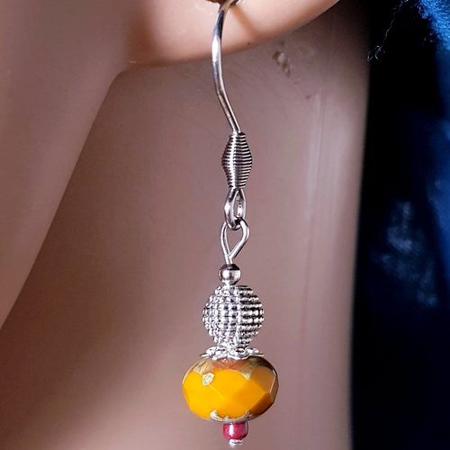 Boucle d'oreille perles en verre orange, gris, coupelles, crochet en métal acier inoxydable argenté