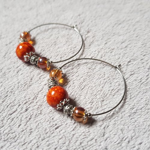 Boucle d'oreille créole, perles en verre orange, ambre, métal acier inoxydable argenté