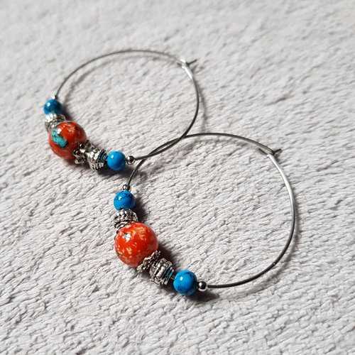 Boucle d'oreille créole, perles en verre orange, bleu, métal acier inoxydable argenté