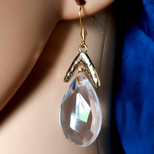 Boucle d'oreille perles en acrylique transparente, crochet en métal acier inoxydable doré