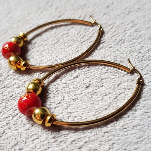 Boucle d'oreille créole ovale, perles en acrylique rouge, métal acier inoxydable doré