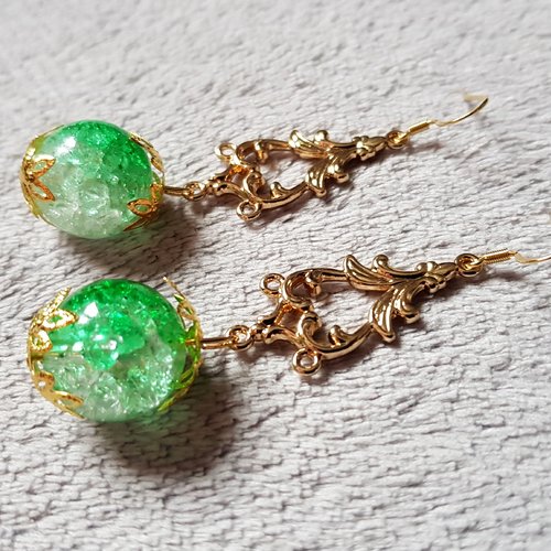 Boucle d'oreille perles en acrylique vert et transparent, crochet en métal acier inoxydable doré