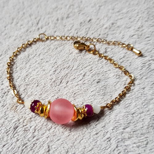Bracelet perle en verre rose, blanc, violet, fermoir mousqueton, chaîne, d’extension en métal acier inoxydable doré