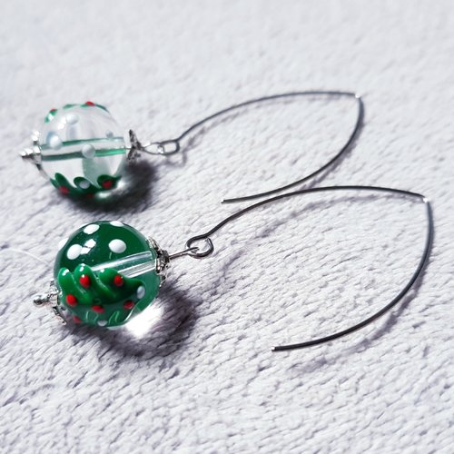 Boucle d'oreille pendante sapin de noël perles en verre transparente, vert, rouge, blanc, crochet en métal acier inoxydable argenté