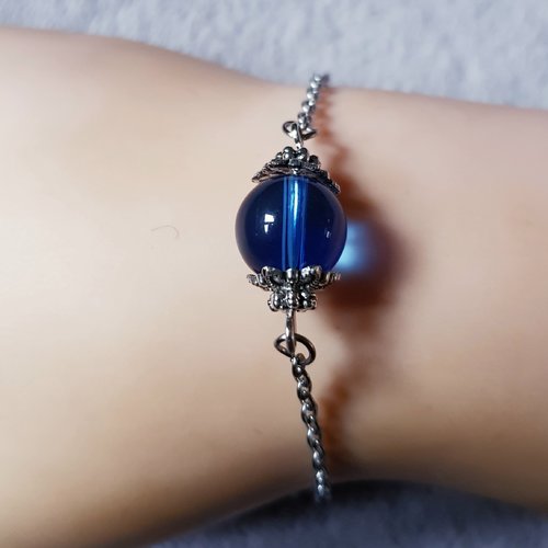1 bracelet chaîne perle en verre bleu, fermoir mousqueton, chaîne d’extension, métal acier inoxydable argenté