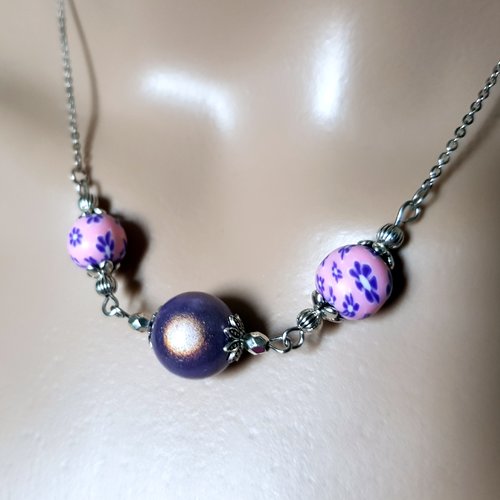 Collier perles en pâte polymère à fleurs violet, rose, et en acrylique, fermoir, chaîne en métal acier inoxydable argenté