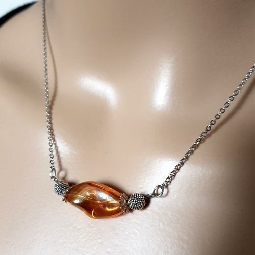 Collier perles en verre orange transparente, fermoir, chaîne en métal acier inoxydable argenté