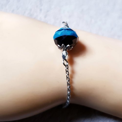 Bracelet perle en verre bleu et noir, fermoir mousqueton, chaîne d’extension, métal acier inoxydable argenté