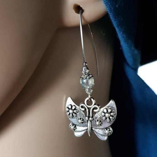 Boucle d'oreille papillon, perles en verre transparente, crochet en métal acier inoxydable argenté