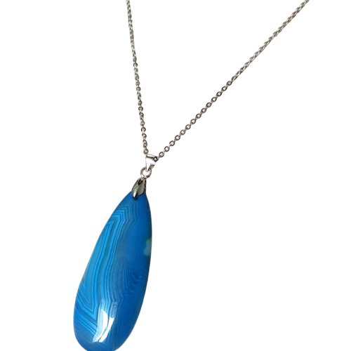 Collier pierre en verre bleu, fermoir, chaîne en métal acier inoxydable argenté