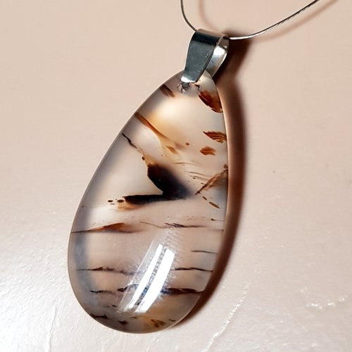 Collier pierre en verre marron, transparent, fermoir, chaîne, fil en métal acier inoxydable argenté