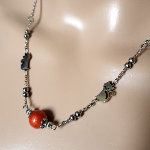 Collier perles en verre, chats, collier perles en verre orange pailleté, fermoir, chaîne en métal acier inoxydable argenté