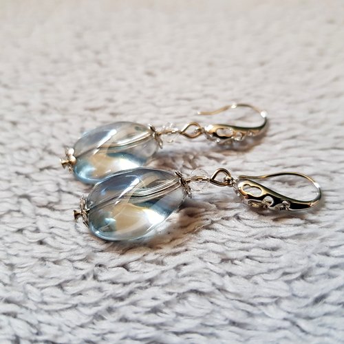 Boucle d'oreille perles en verre transparente, crochet en métal argenté