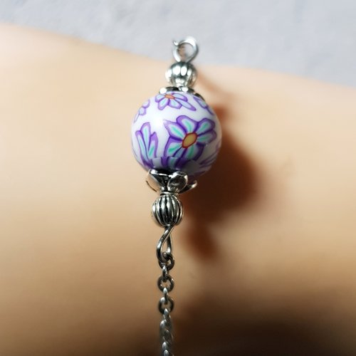 Bracelet chaîne perle en acrylique, violet, blanc, bleu, fermoir mousqueton, chaîne d’extension, métal acier inoxydable argenté
