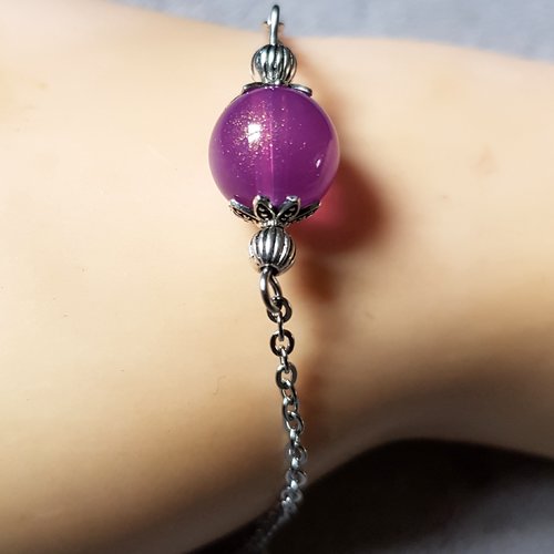 Bracelet chaîne perle en verre violet, fermoir mousqueton, chaîne d’extension, métal acier inoxydable argenté