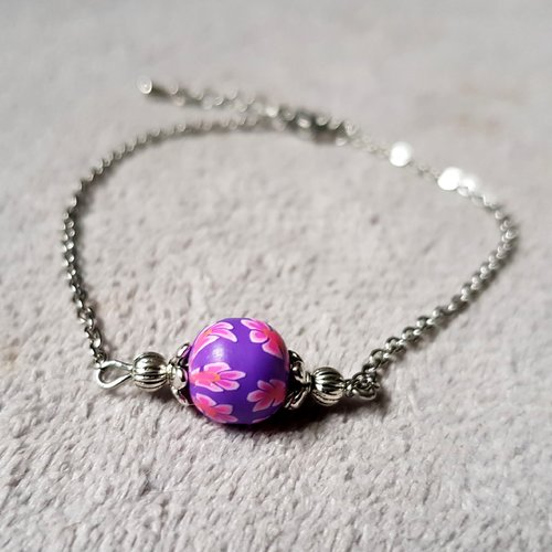 Bracelet chaîne perle en acrylique, violet, rose, fermoir mousqueton, chaîne d’extension, métal acier inoxydable argenté