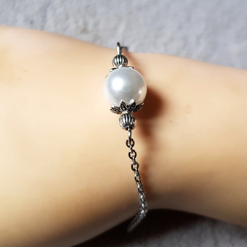 Bracelet chaîne perle en acrylique blanc brillant, fermoir mousqueton, chaîne d’extension, métal acier inoxydable argenté