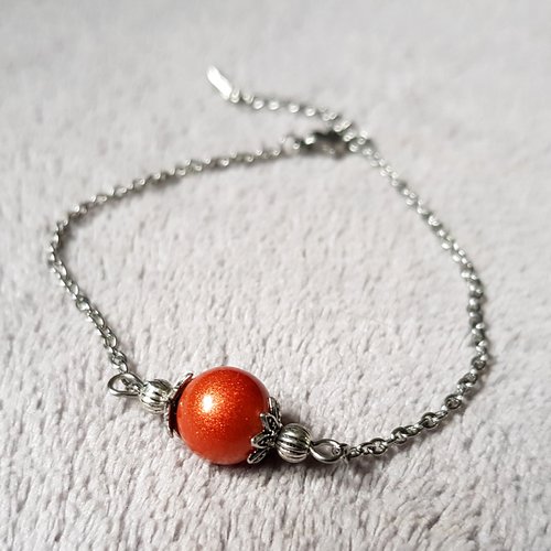 Bracelet chaîne perle en verre orange pailleté, fermoir mousqueton, chaîne d’extension, métal acier inoxydable argenté