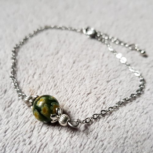 1 bracelet chaîne perle en verre fleurs verte, jaune, fermoir mousqueton, chaîne d’extension, métal acier inoxydable argenté