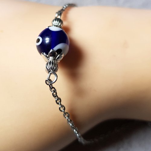 Bracelet chaîne perle en verre, bleu, blanc, fermoir mousqueton, chaîne d’extension, métal acier inoxydable argenté