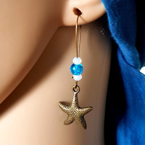 Boucle d'oreille étoile de mer, perles en verre bleu, blanche, métal bronze