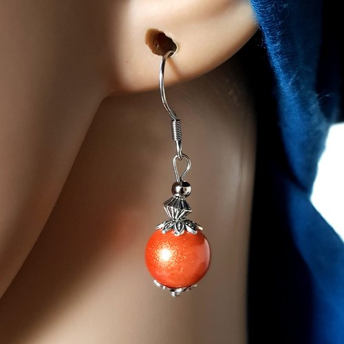 Boucle d'oreille perles en verre orange, crochet en métal acier inoxydable argenté