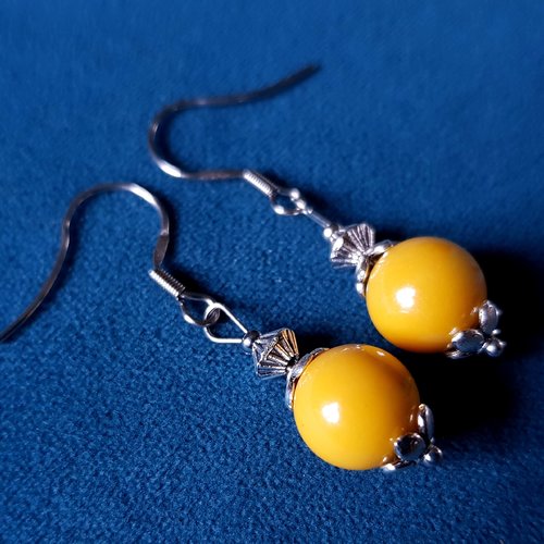 Boucle d'oreille perles en acrylique jaune, crochet en métal acier inoxydable argenté