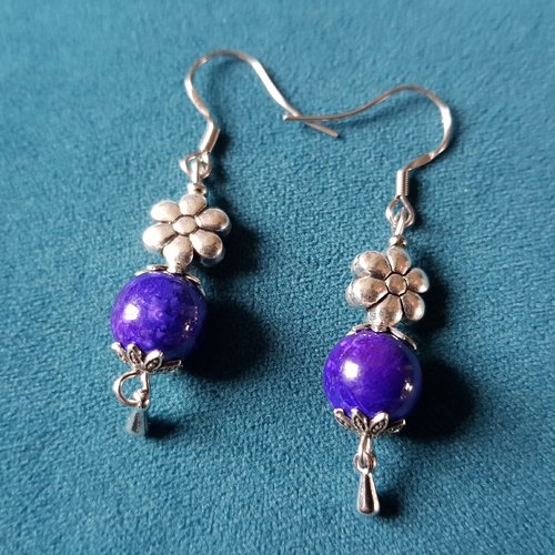 Boucle d'oreille perles en verre violet, bleu, crochet en métal acier inoxydable argenté