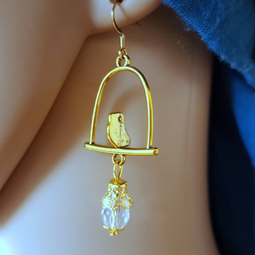 Boucle d'oreille oiseaux, perles acrylique transparente, crochet en métal acier inoxydable doré ancien