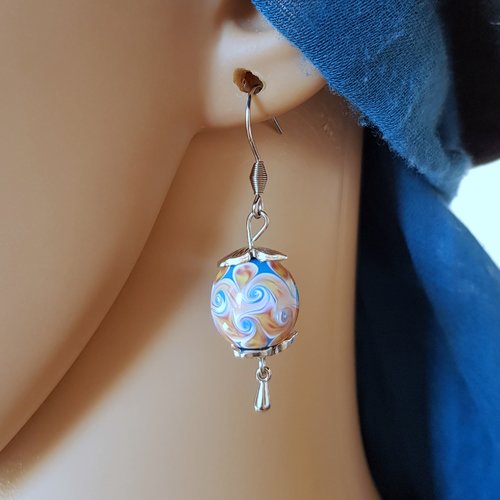 Boucle d'oreille grosse perles en verre multicolore, coupelles, crochet en métal acier inoxydable argenté