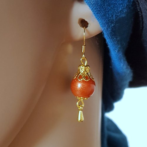 Boucle d'oreille perles en verre orange pailleté, crochet en métal acier inoxydable doré