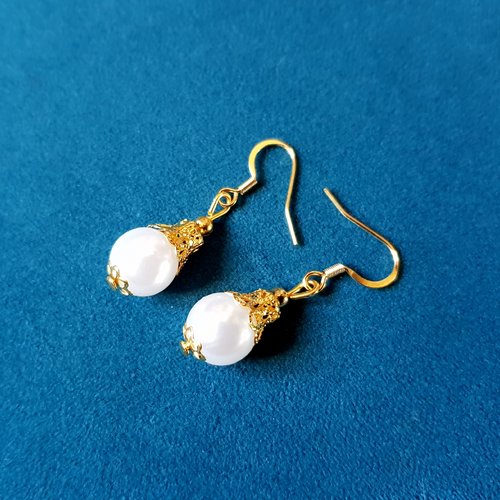 Boucle d'oreille perles en acrylique blanche, crochet en métal acier inoxydable doré