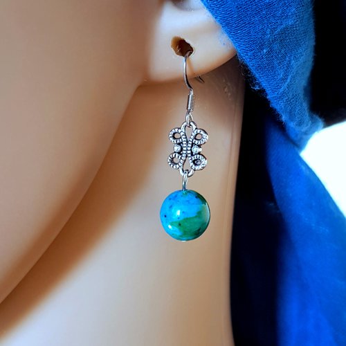 Boucle d'oreille fleur, perle en verre vert, bleu turquoise, crochet en métal acier inoxydable argenté